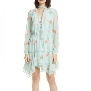 NWT Jonathan Simkhai Womens S Seafoam Floral Irena Rose 100% Silk Dress Tiered